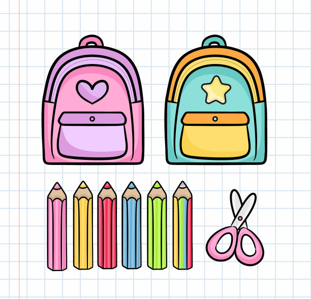 返校横幅。五颜六色的学习用品。图片下载