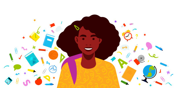 一个女学生背着双肩包，身边放着学习用品——书、记事本、地球仪、闹钟和文具。黑人学生肖像在极简主义的矢量风格。学校背景，平面插画图片下载