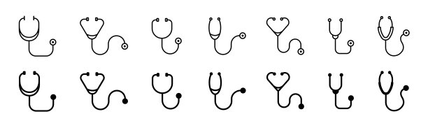 听诊器图标。听诊器图标集合。医学、健康、医生图标概念。听诊器线条，轮廓图标。股票向量图片下载