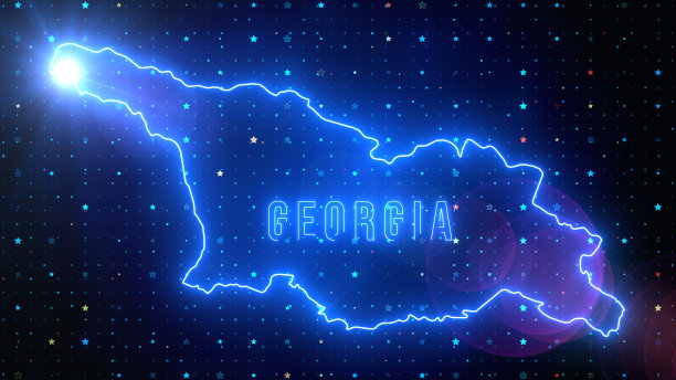 未来的蓝色闪耀格鲁吉亚轮廓地图和标签文本发光霓虹灯光学光耀斑与星星闪耀网格图片下载