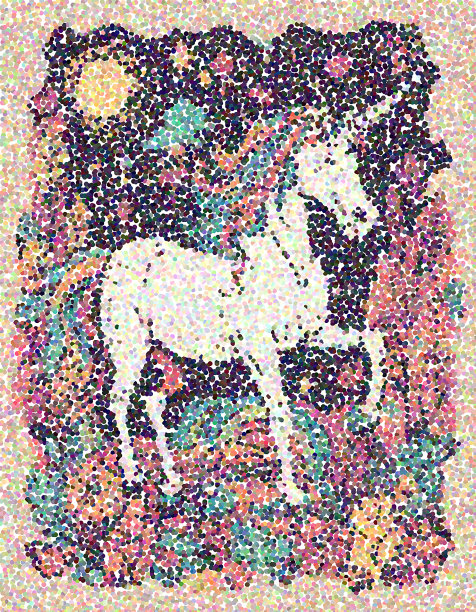 白色魔法彩虹独角兽在夜晚的树林里在一个点彩画风格图片下载