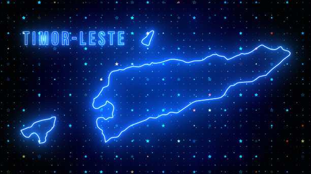 未来的蓝色闪耀东帝汶大纲地图和标签文本发光霓虹灯与星星闪耀网格图片下载