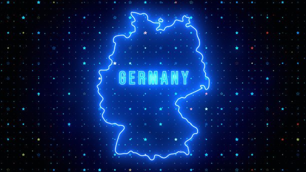 未来的蓝色闪耀德国轮廓地图和标签文本发光霓虹灯与星星闪耀网格图片下载