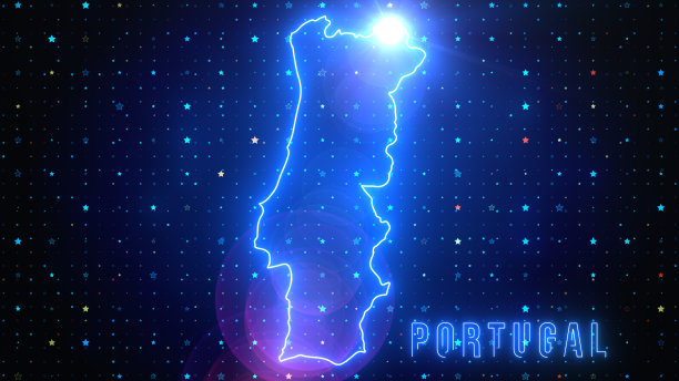 未来的蓝色闪耀葡萄牙轮廓地图和标签文本发光霓虹灯光学光耀斑与星星闪耀网格图片下载