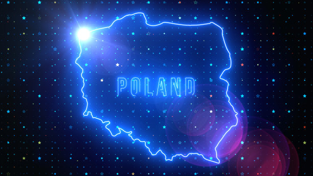 未来的蓝色闪耀波兰轮廓地图和标签文本发光霓虹灯光学光耀斑与星星闪耀网格图片下载