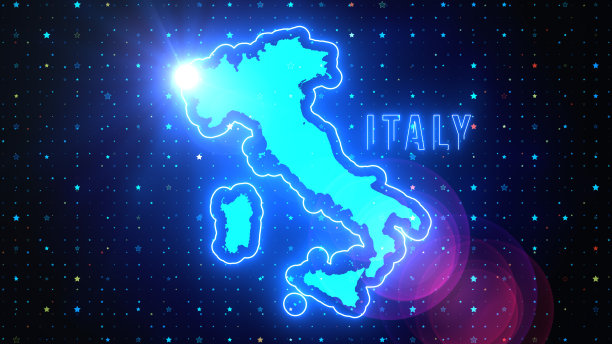 未来的蓝色闪耀意大利等高线地图和标签文本发光霓虹灯光学光耀斑与星星闪耀网格图片下载