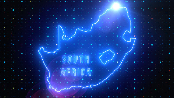 未来的蓝色闪耀南非轮廓地图和标签文本发光霓虹灯光学光耀斑与星星闪耀网格图片下载