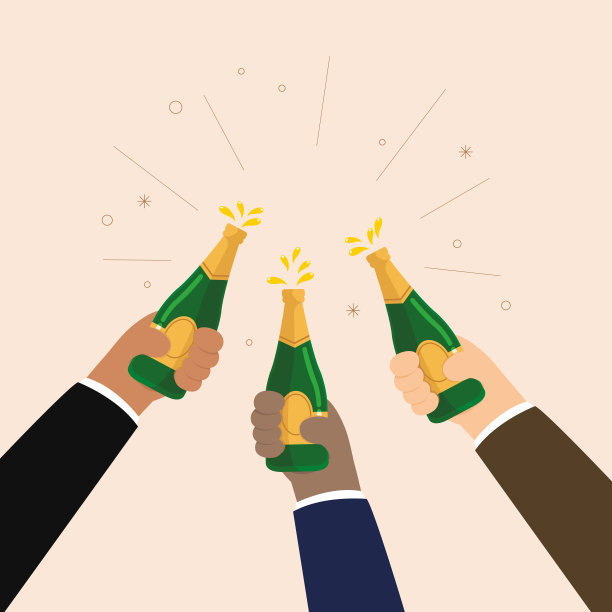 朋友们的手捧着香槟、葡萄酒、啤酒、鸡尾酒和干杯。欢呼的手中。欢快的人们碰碰啤酒瓶。图片下载