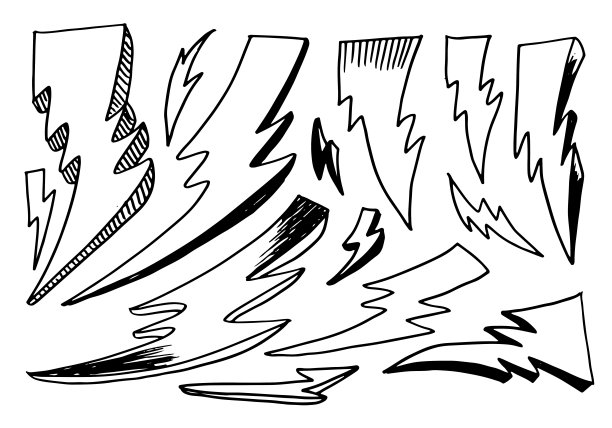一套手绘矢量涂鸦电闪电符号素描插图。雷符号涂鸦图标。图片下载