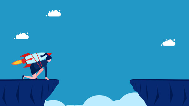 对障碍的勇气和挑战。女商人从悬崖缝隙开始火箭飞行图片下载