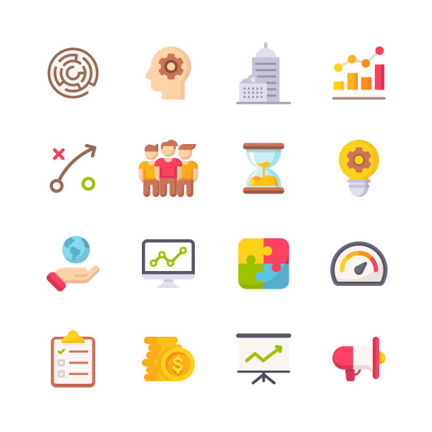 商业平面图标。材料设计图标。像素完美。移动和网络。包含如展示，创新，办公楼，沙漏，表现，硬币等图标。图片下载