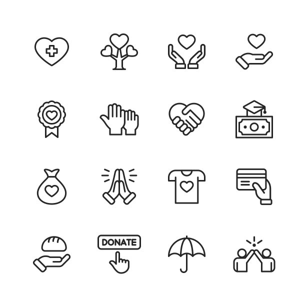 慈善和捐赠线图标。可编辑的中风。像素完美。移动和网络。包含慈善、捐赠、树、医疗、教育、奖学金、食物等图标。图片下载