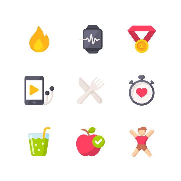 健身平面图标。像素完美。移动和网络。包含健身、运动、健康生活方式、健康饮食、健身司机、金牌等图标。图片下载