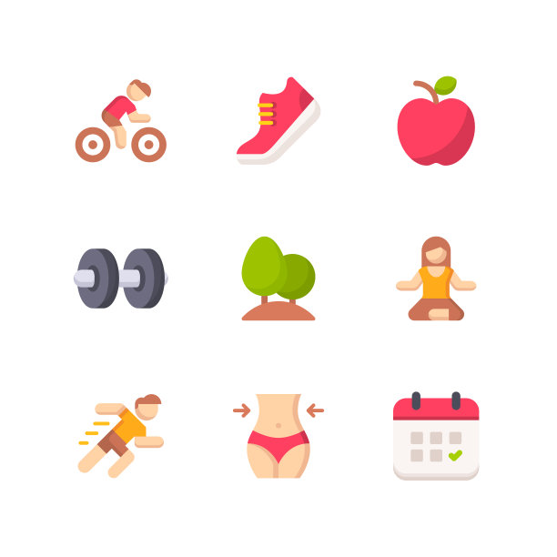 健身平面图标。像素完美。移动和网络。包含健身、运动、健康生活方式、健康饮食、跑步、日历、苹果等图标。图片下载