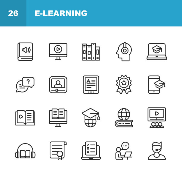 电子学习行图标。可编辑的中风。像素完美。移动和网络。包含如视频教程，大学，文凭，在线测试，有声读物等图标。图片下载