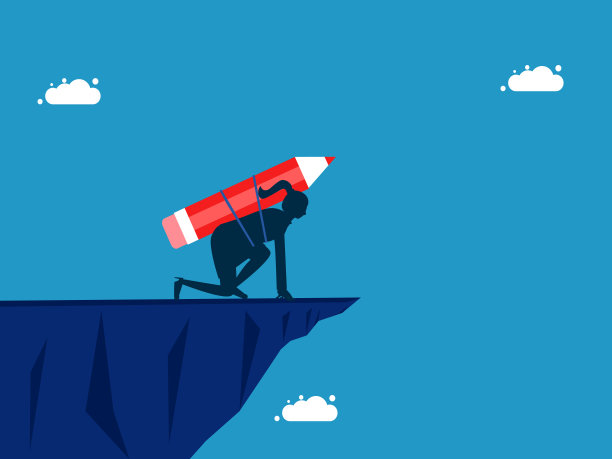 积极主动，敢于冒险。拿着铅笔准备从悬崖上跳下去的女商人图片下载