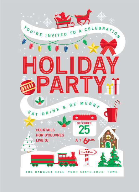 色彩缤纷的节日圣诞派对邀请设计模板与节日图标图片下载