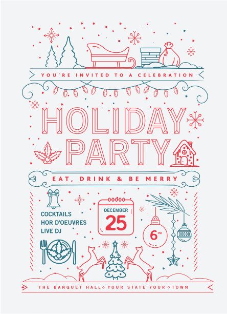 假日圣诞派对邀请设计模板与线条艺术图标图片下载
