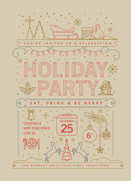 假日圣诞派对邀请设计模板与线条艺术图标图片下载