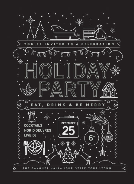假日圣诞派对邀请设计模板与线条艺术图标图片下载