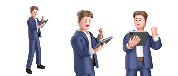 3d商人高管姿势穿着西装站着拿着笔记本电脑指向广告孤立在白色背景，3d渲染图片下载