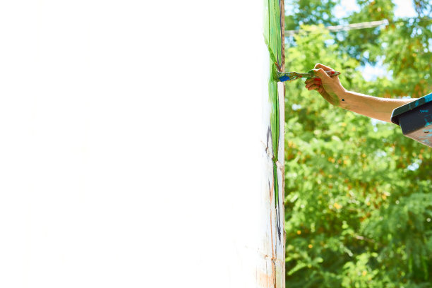 女艺术家的手用毛笔在墙上作画，地方为文字图片下载