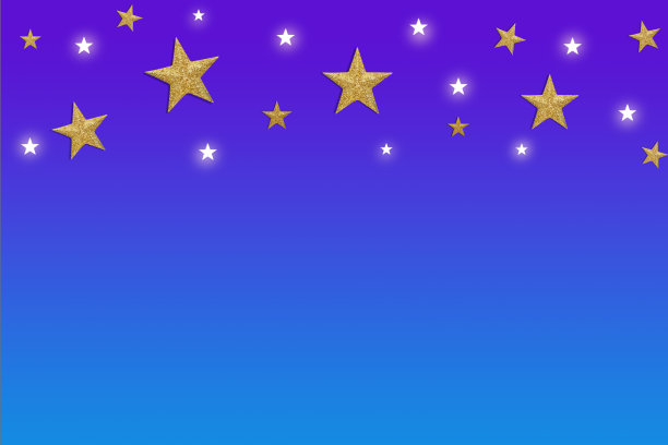 金色闪闪发光的星星在蓝色的背景和复制空间。抽象天空背景图片下载