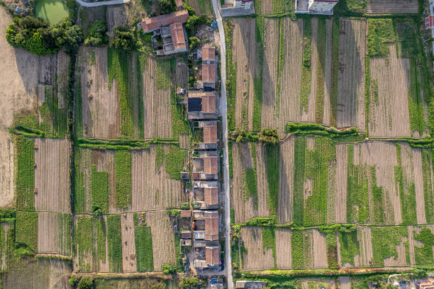 传统乡村房屋和农田鸟瞰图图片下载