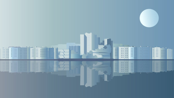 城市倒映在水中，月亮映衬着黎明的天空图片下载