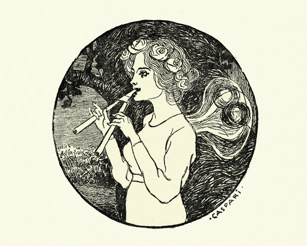年轻女子，仙女，吹着奥洛斯，双笛图片下载