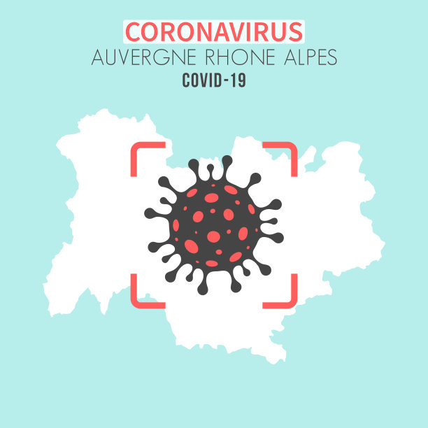奥弗涅-罗纳-阿尔卑斯高原地图，红色取景器中有冠状病毒细胞(COVID-19)图片下载