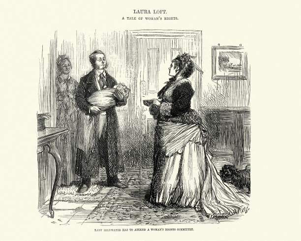 19世纪70年代，维多利亚时代的男人抱着孩子离开，妇女的权利图片下载