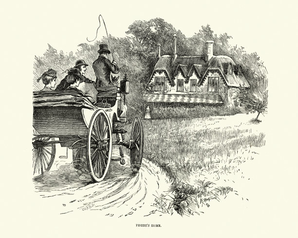 19世纪70年代，维多利亚时代，乘坐马车来到乡村小屋的游客图片下载