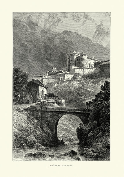 小镇，桥，河，奎拉城堡，上阿尔卑斯，法国，19世纪图片下载