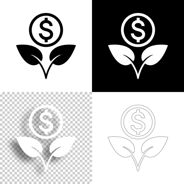 越来越多的美元。图标设计。空白，白色和黑色背景-线图标图片下载