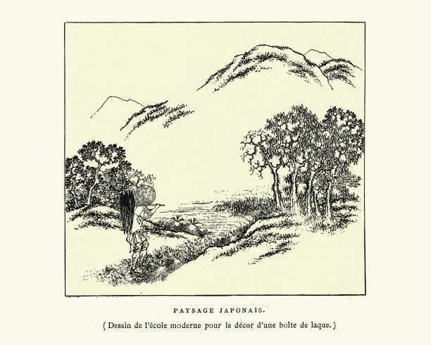 日本景观，山和树，日本艺术，19世纪图片下载