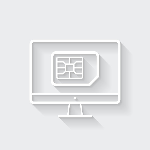 带SIM卡的台式电脑。图标与空白背景上的长阴影-平面设计图片下载