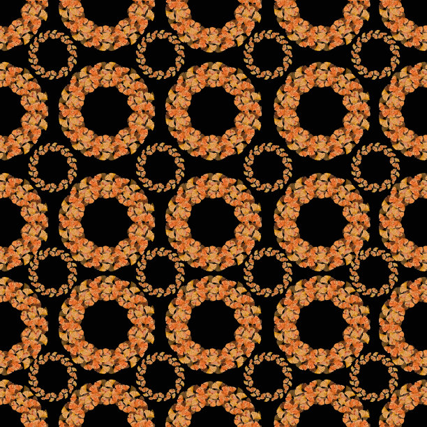 银杏树叶。无缝图案与银杏叶花环。秋季水彩无缝图案在一个黑色的背景。适用于纺织、印花、墙纸。图片下载