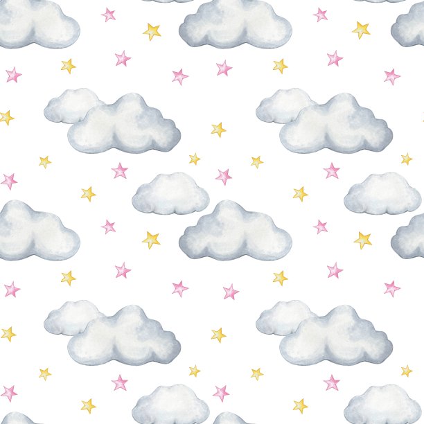 星星和云彩的无缝图案。水彩图片下载
