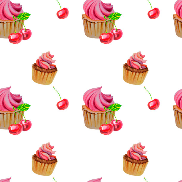 纸杯蛋糕和樱桃的图案。成熟多汁的樱桃。情人节。水彩插图。图片下载