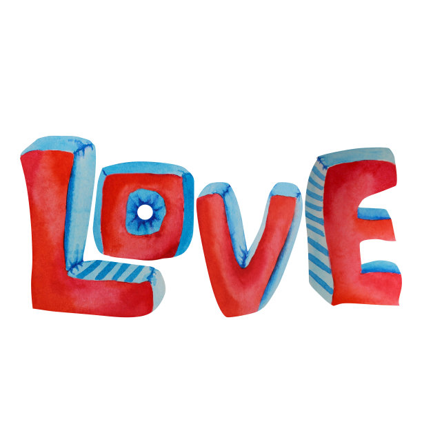 水彩信件。爱。情人节。情人节。字母L.字母O.字母V.字母E。图片下载