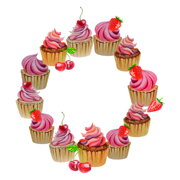 纸杯蛋糕的花环。水彩插图。美味的糖果。草莓樱桃派。图片下载