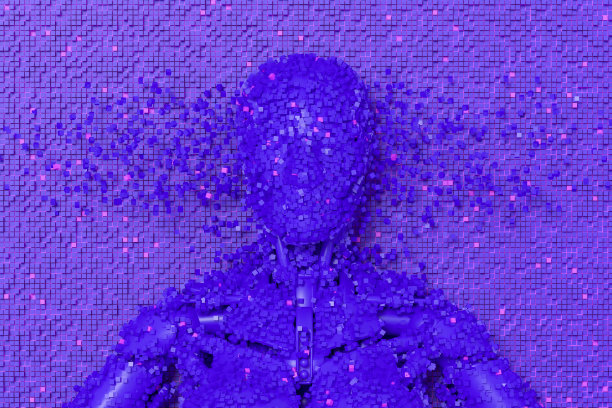 人工智能，深度学习，技术背景。用立方体粒子溶解半机械人的脸。图片下载