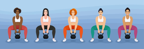 多民族美女们运动、锻炼，过着积极的生活方式。一群人在健身房训练。图片下载