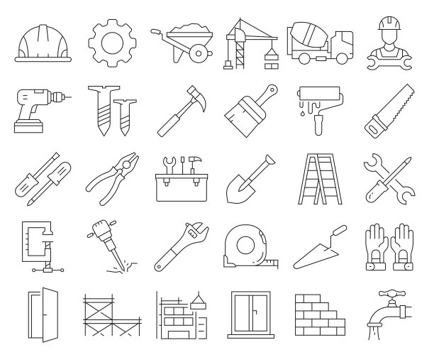 简单的一组建设相关的矢量线图标。大纲符号集合。可编辑的中风图片下载