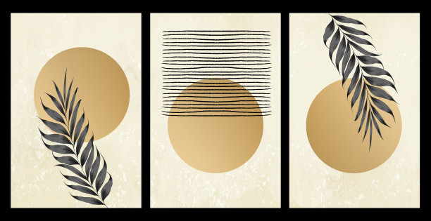 平面波西米亚墙报。插图画布艺术品。树的枝叶，金色的月亮和线条。现代极简主义艺术图片下载