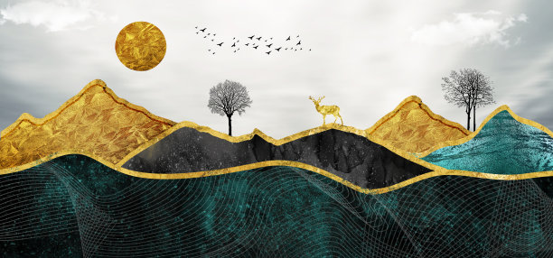 三维现代景观艺术壁画壁纸与黑色的树，金色的太阳，和金色的绿松石山，在灰色的背景。图片下载