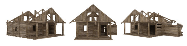 中世纪的木制建筑，没有屋顶。3D插图，3个视图隔离在白色和剪切路径。图片下载