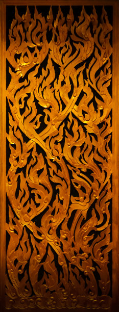 传统泰式艺术木雕门板图案，门板呈金黄色，门板为背景图片下载