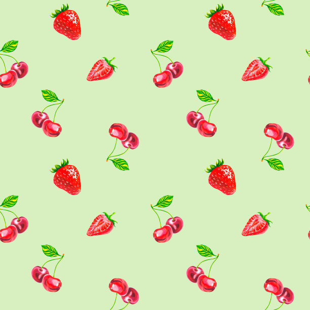 樱桃和草莓的图案。夏日浆果。多汁的打印。水彩插图。图片下载